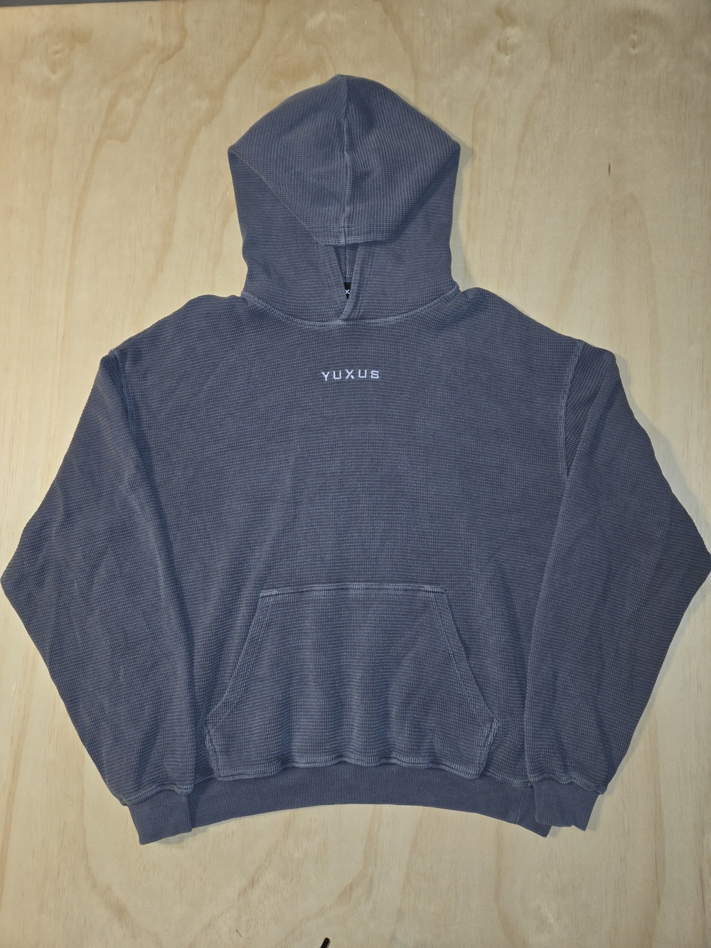 YUXUS Waffle Knit Hoodie Grey/Blue - Size L | Heavyweight Streetwear Cotton